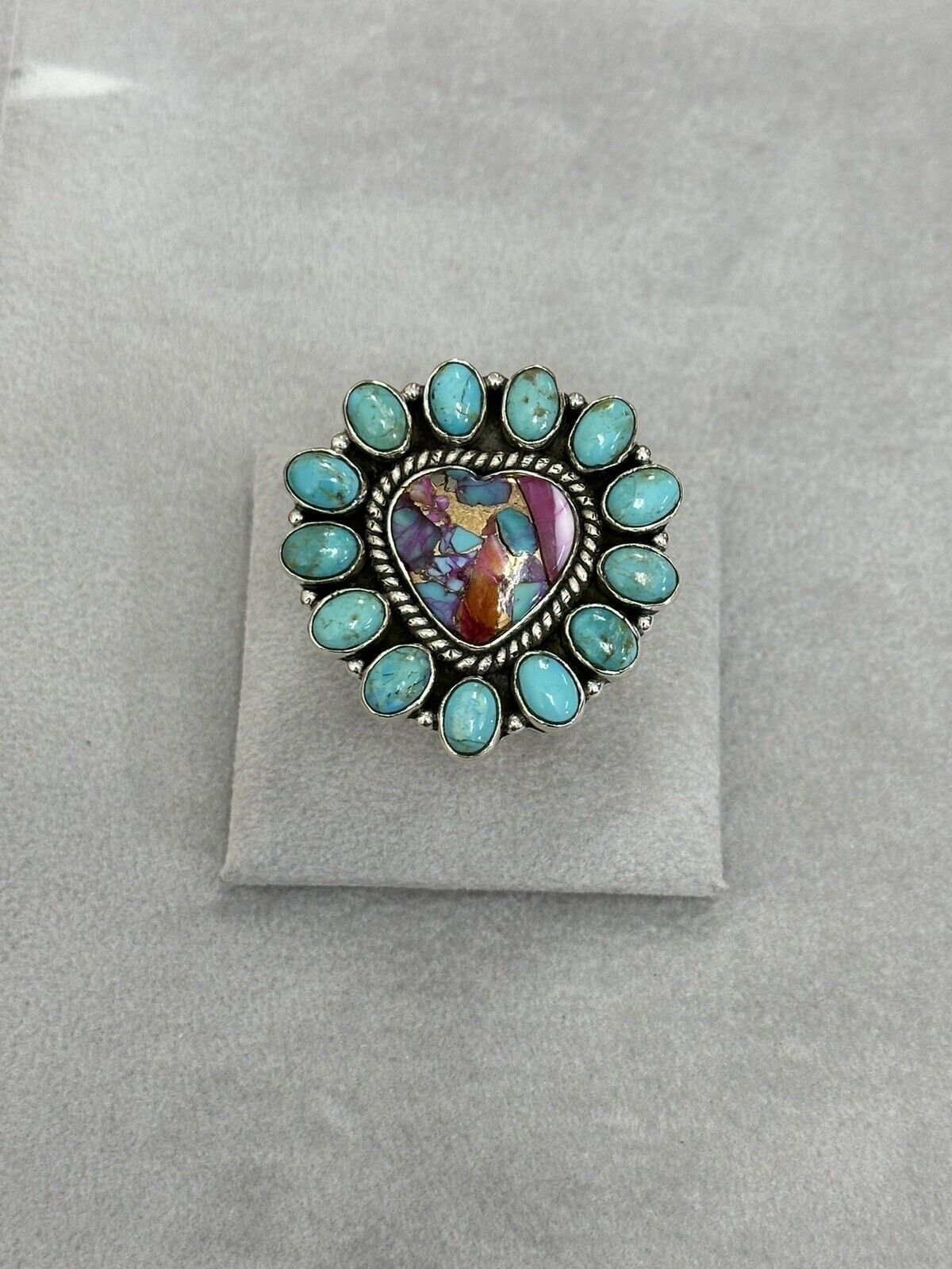 Spiny Oyster And Turquoise Heart Shaped Ring 925 Sterling Silver Adjustable