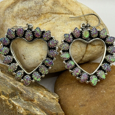 Pink/green Aurora Opal Open Heart Circle Dangle Earrings 925 Sterling