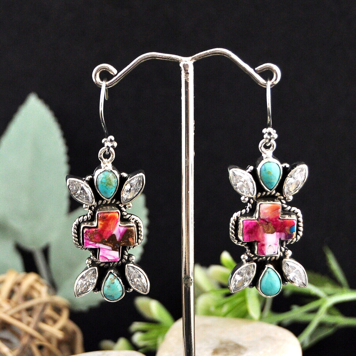 29.27cts Spiny Oyster Arizona Turquoise Crystal Turquoise 925  Earrings 4628