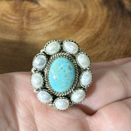 Turquoise And Pearl Flower Ring 925 Sterling Silver Adjustable