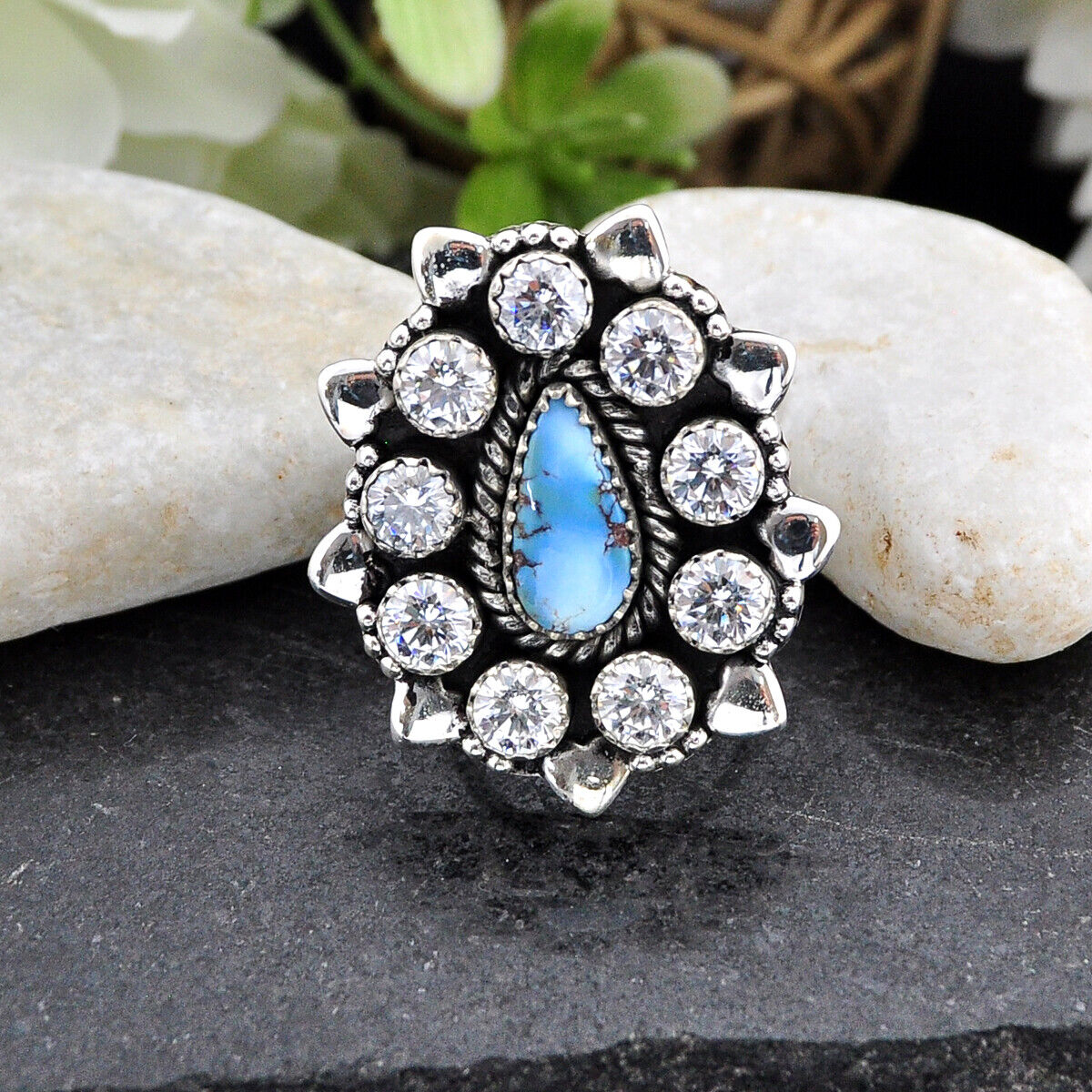 925 Silver 12.50cts Golden Hills Turquoise Crystal Adjustable Ring Size 7 4854