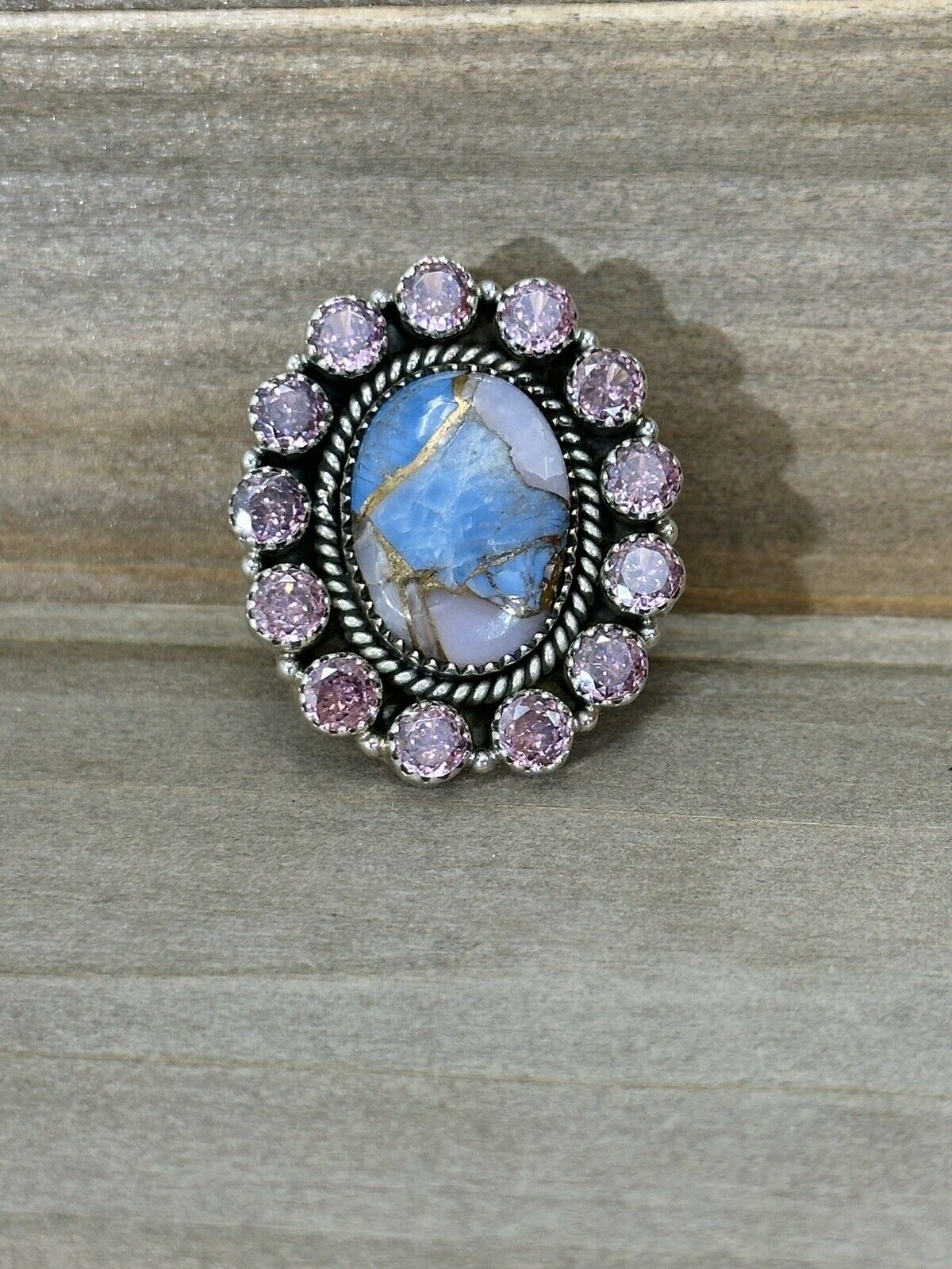 Statement Ring Pink And Blue Infused Opal And Rose Quartz 925 Sterling Silver
