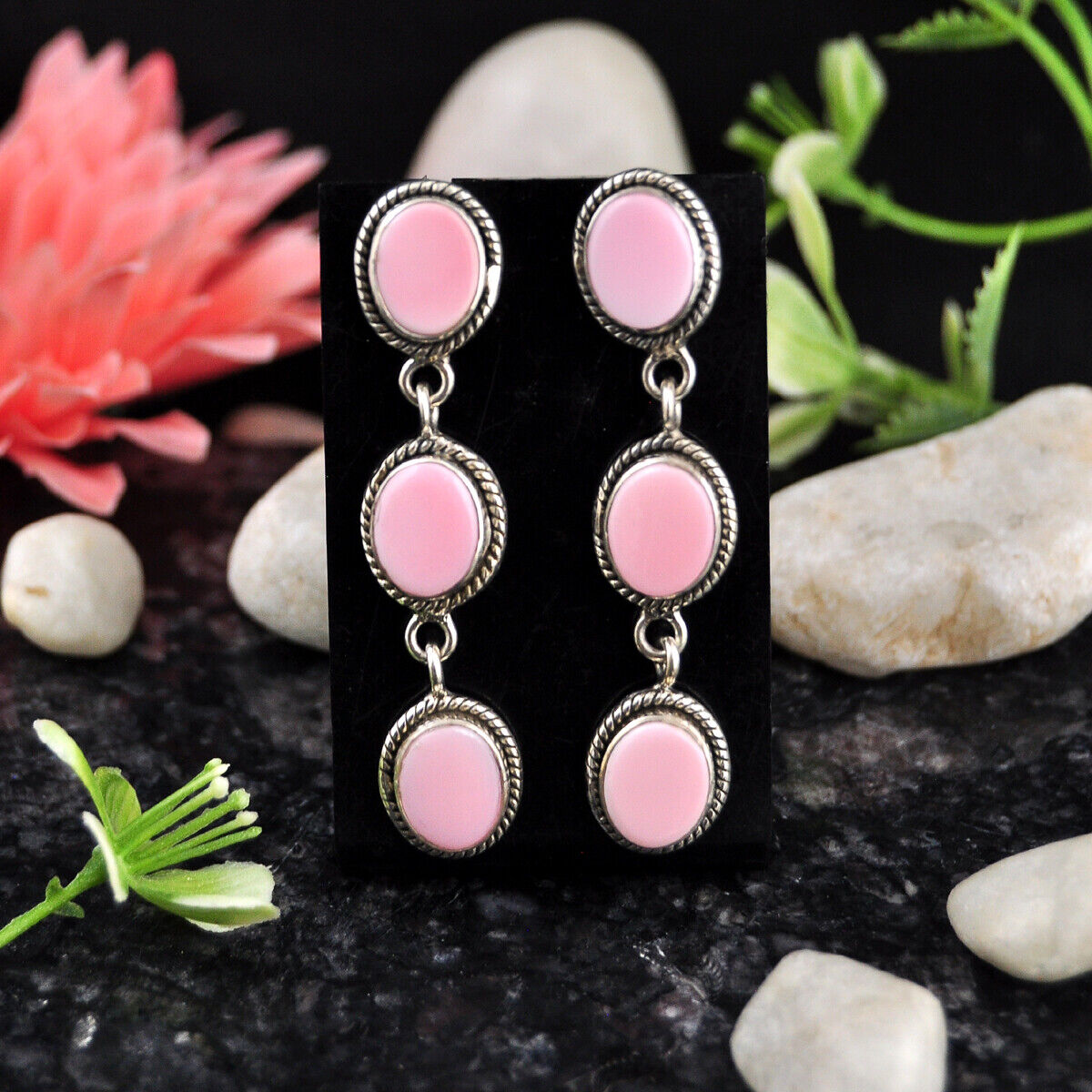 925 Sterling 24.62cts Back Closed Natural Pink queen conch Dangle Earrings 4510
