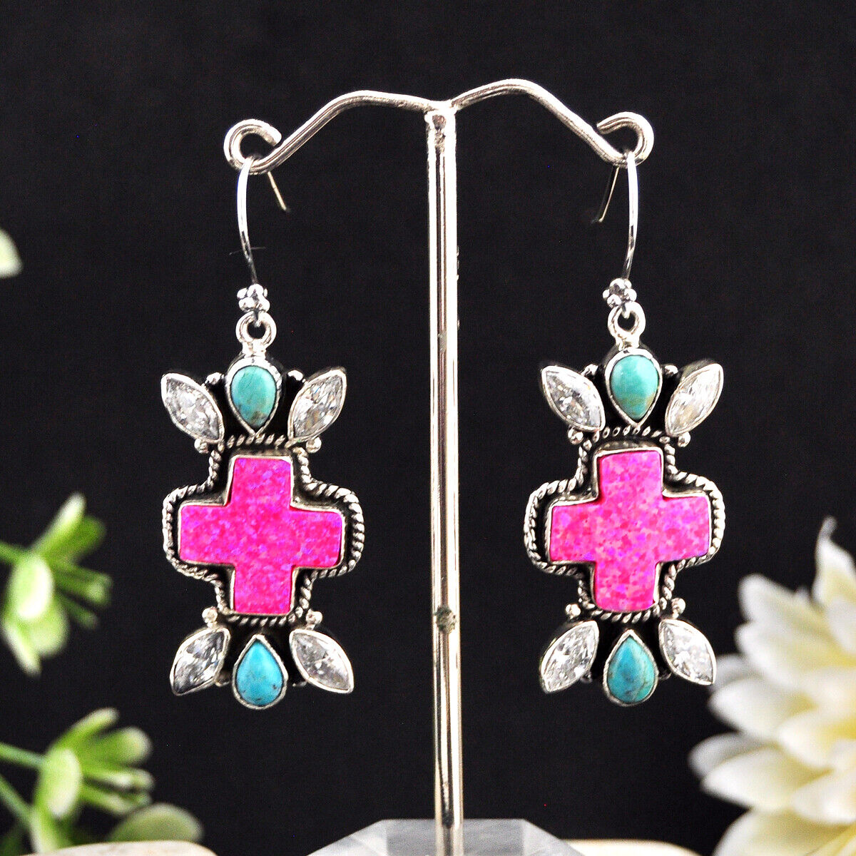 27.65cts Hot Pink Opal White Crystal Turquoise 925 Silver Cross Earrings 4645